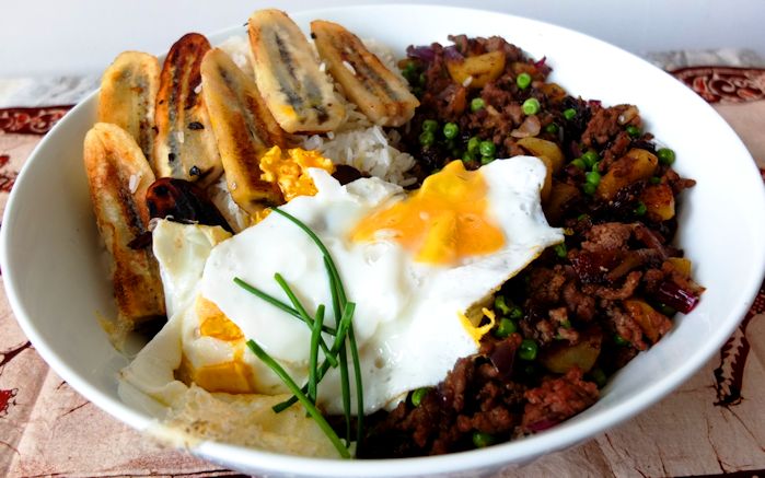 Filipino Style Cuban Rice with Mince Meat and Fried Bananas