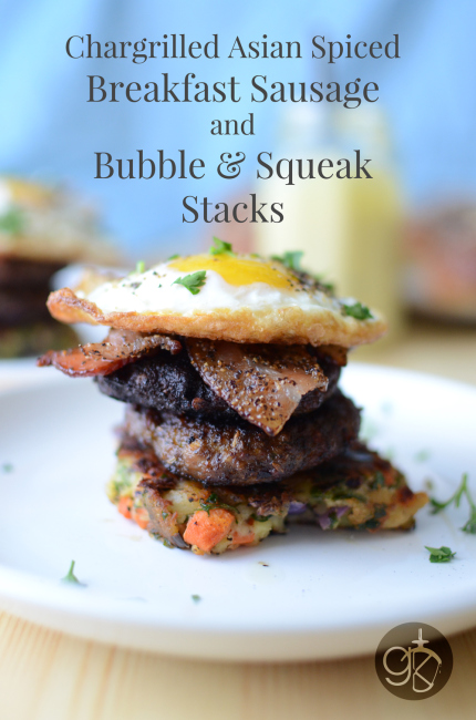 CHARGRILLED ASIAN SPICED BREAKFAST SAUSAGE AND BUBBLE AND SQUEAK STACKS