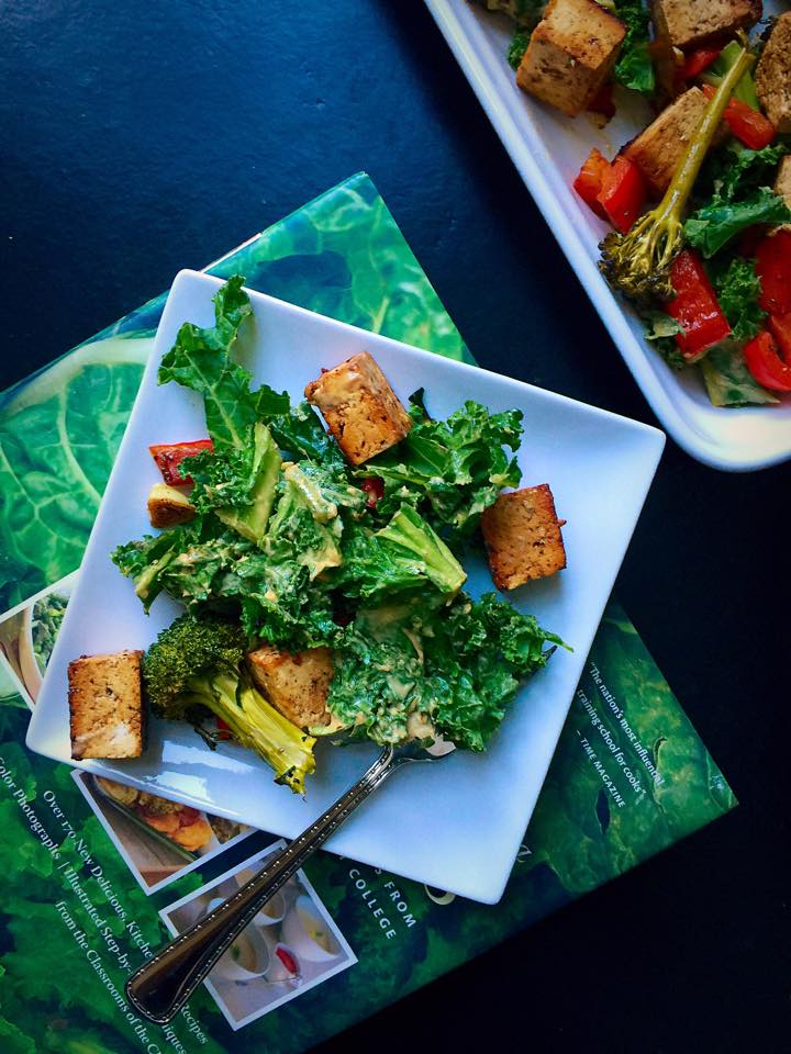 Garlicky Kale Salad with Balsamic Tofu & Broccoli
