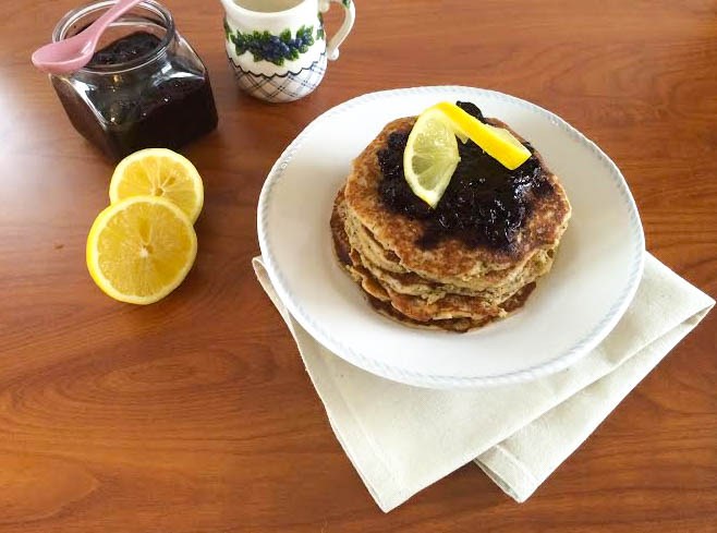 Lemon Poppy Seed Pancakes with a Blueberry Chia Sauce