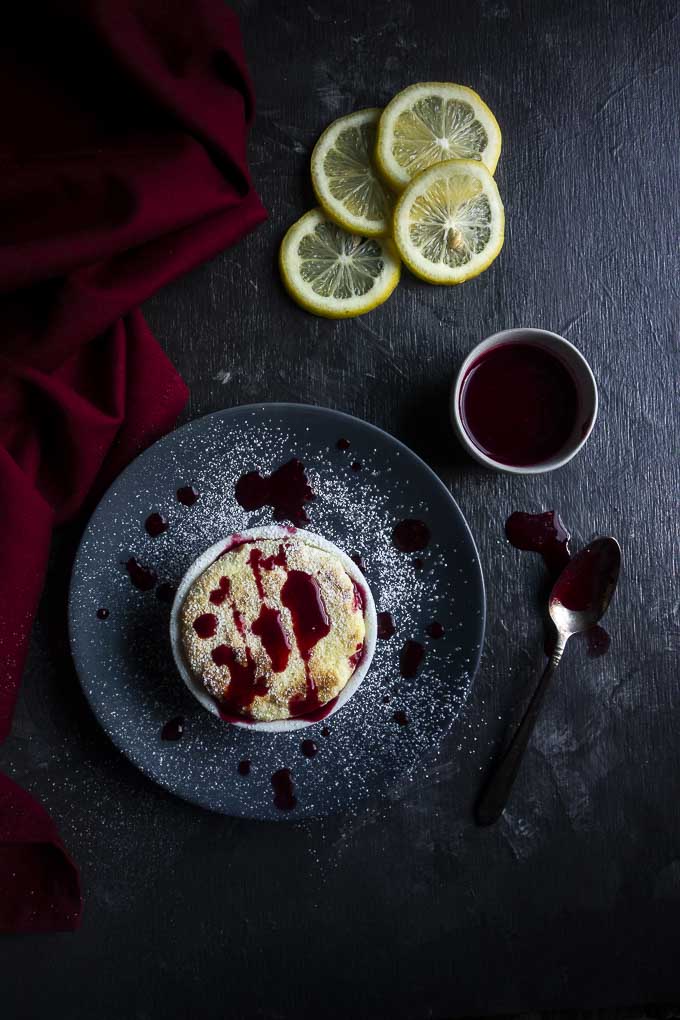 Lemon Souffle with Raspberry Sauce