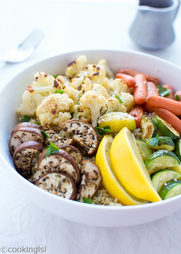 Roasted Vegetable Quinoa Bowls With Tahini Drizzle