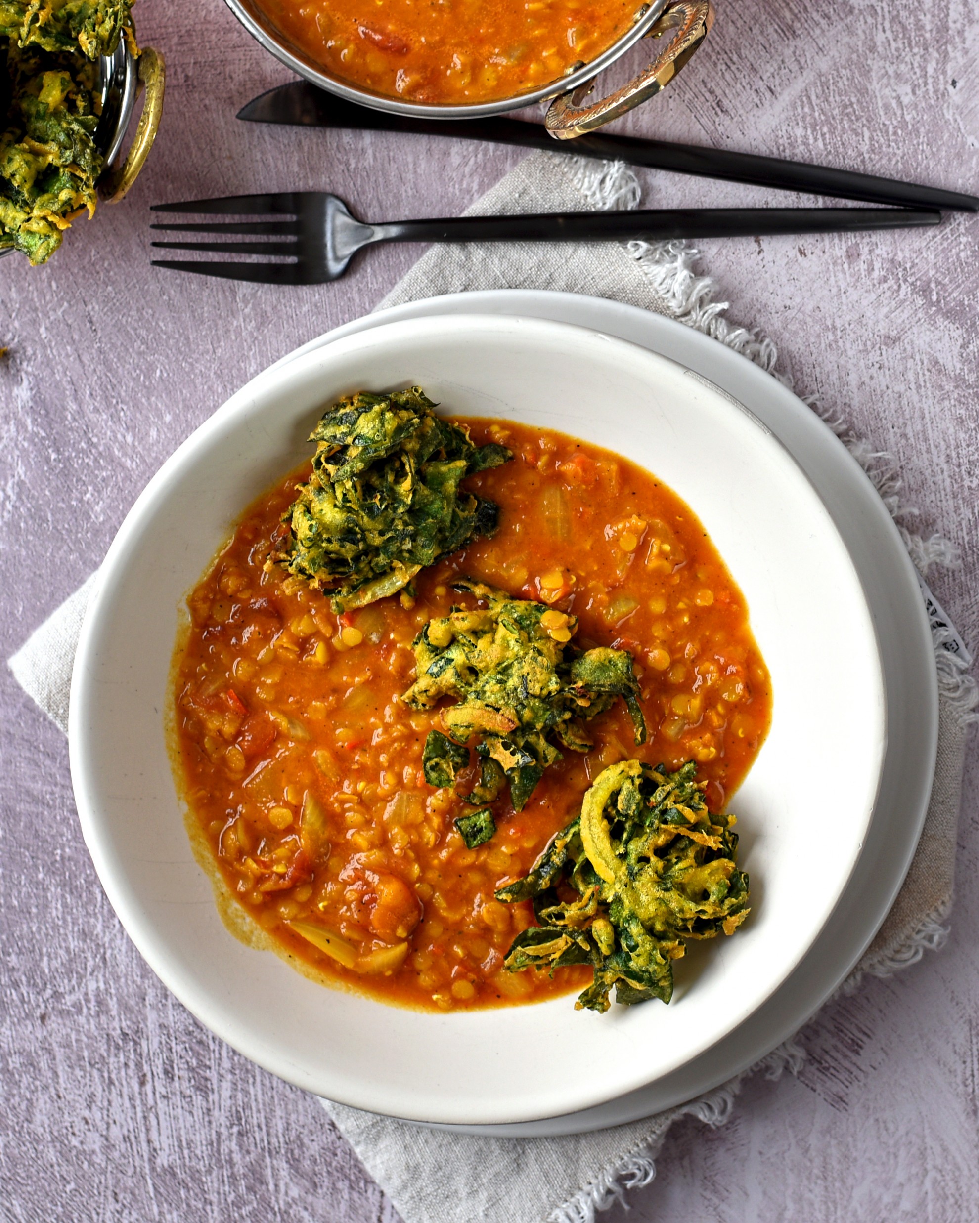 red lentil dhal with spinach fritters