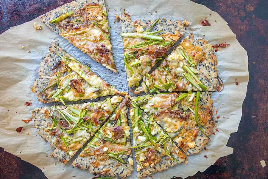 Gluten-Free Sesame Pizza With Shaved Asparagus & Caramelized Onions