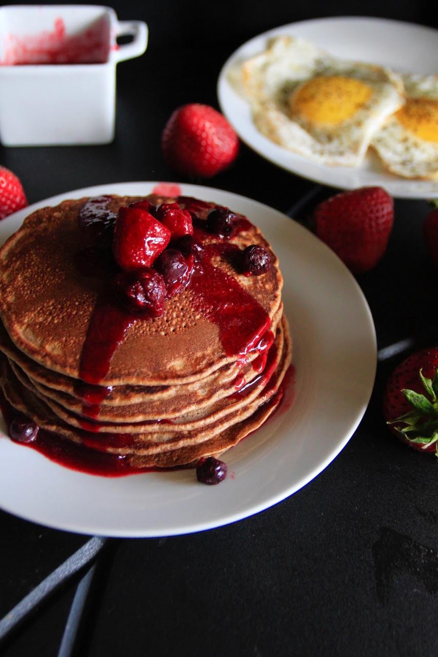 Chocolate Almond Pancakes With Mixed Berry Syrup 
