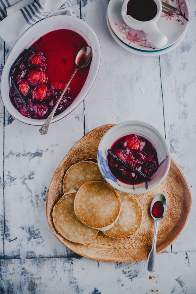 Vanilla Poached Plums With Pancakes