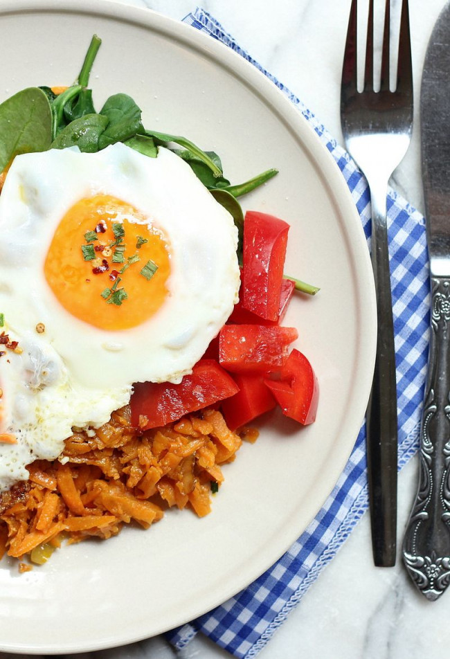 Sweet Potato Rosti with a fried egg and greens