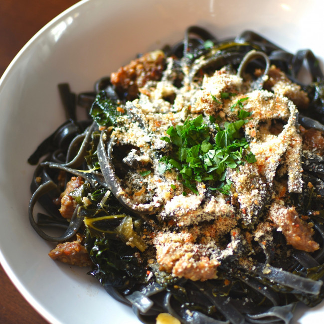 squid ink linguine with tuscan kale, leek, and sausage

