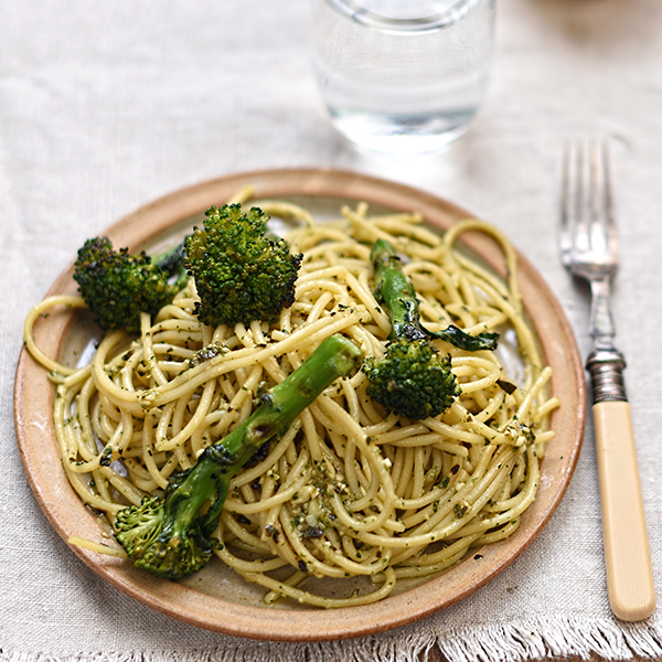 chargrilled broccoli with spaghetti and lemon and basil pesto