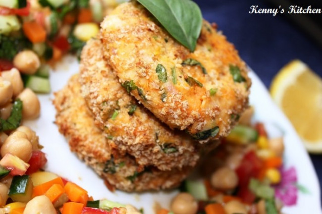 Sweet Potatoes Fish Cakes With Chickpeas Salad