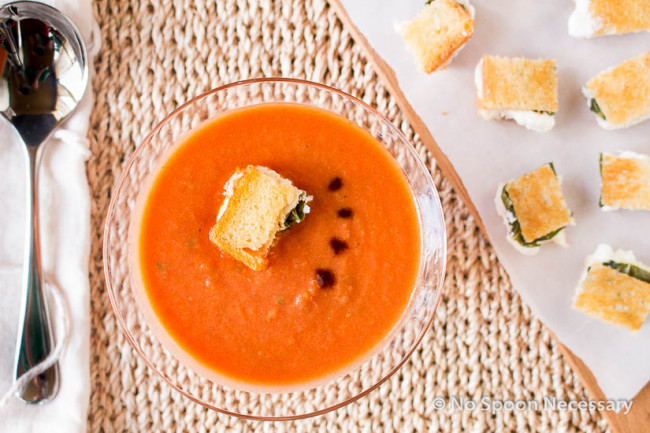 Tomato Basil Soup with Caprese Croutons