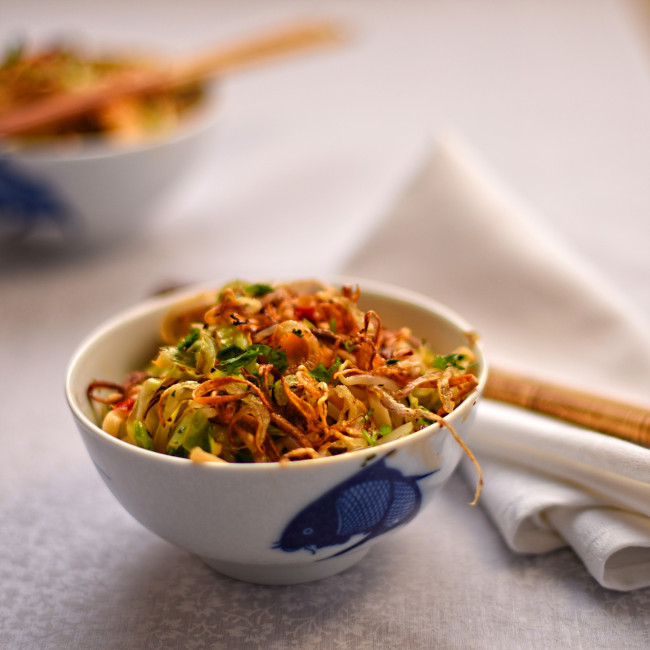 Indonesian style spicy noodles with summer cabbage