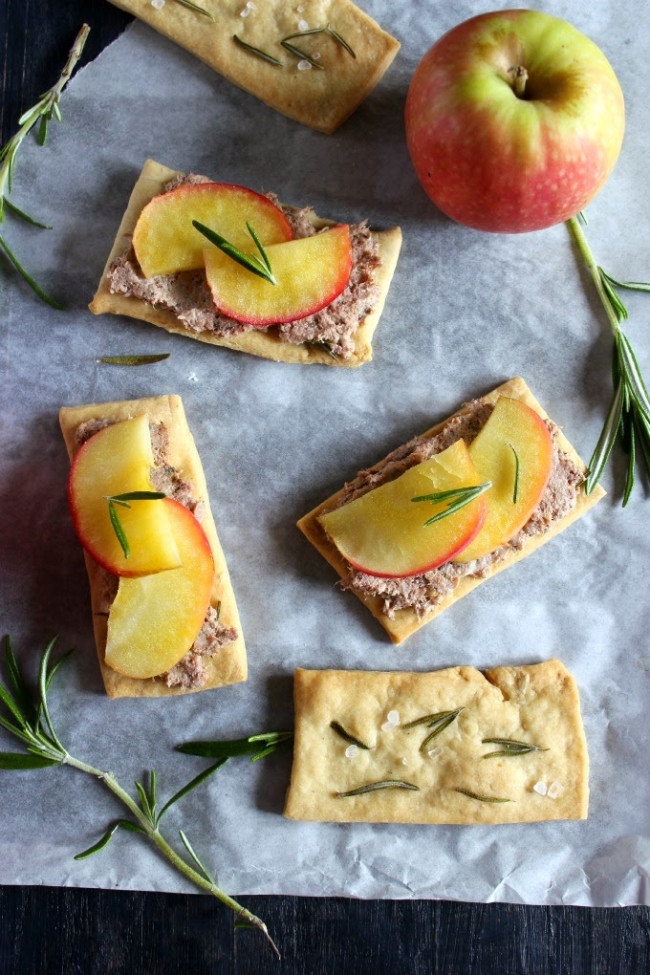 German liver patê and butter apples on rosemary crackers