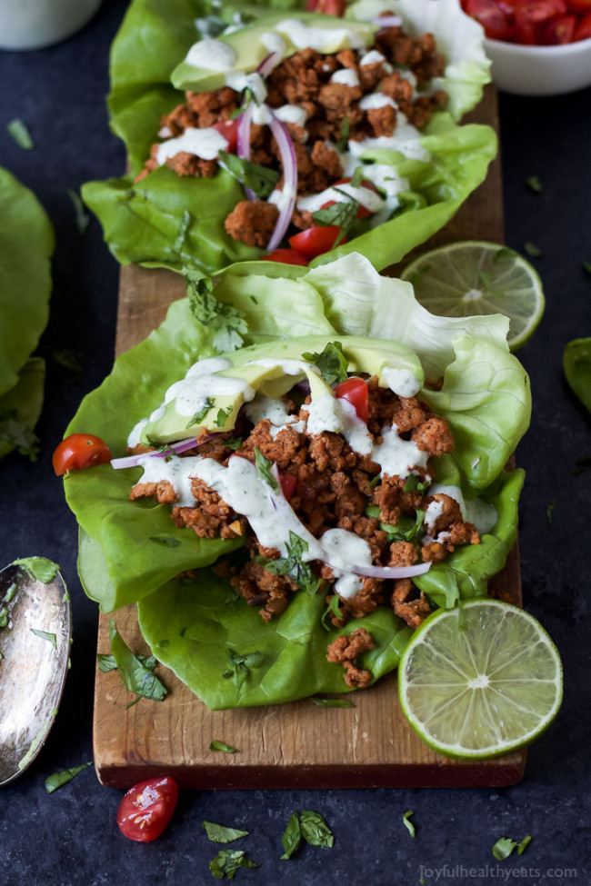 Ground Turkey Tacos in Lettuce Wraps with Cilantro Lime Crema