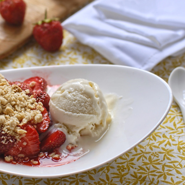 strawberry crumble with elderflower ice cream