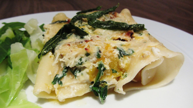 Pasta stuffed with butternut squash, spinach and ricotta