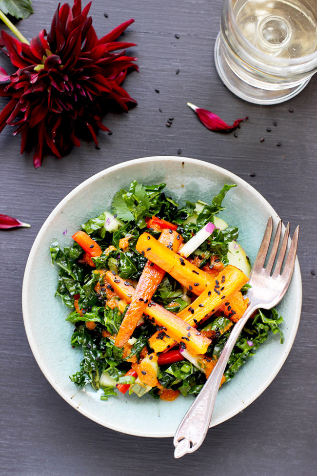 Kale And Roasted Carrot Salad With Roasted Red Pepper Sesame Vinaigrette
