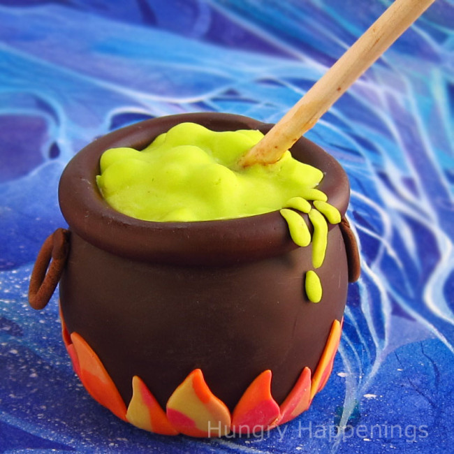 chocolate caramel apple cauldron decorated with modeling chocolate