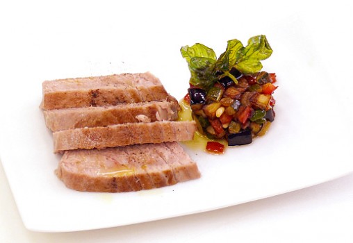 Grilled Tuna steak in Salmoriglio sauce, vegetable capponata