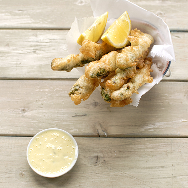 beer battered asparagus with lemon and gherkin aioli