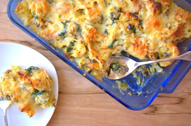 SAVORY BREAD PUDDING WITH SPINACH LEEKS AND MUSHROOMS