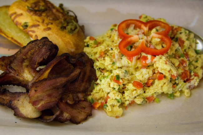 Cheese Scrambled Eggs with Bacon and Jalapeno-Cheddar Cheese Roll...