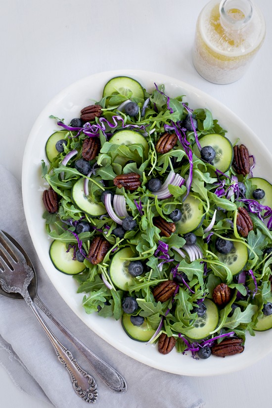 Arugula Blueberry Feta Salad with Spicy Maple Pecans