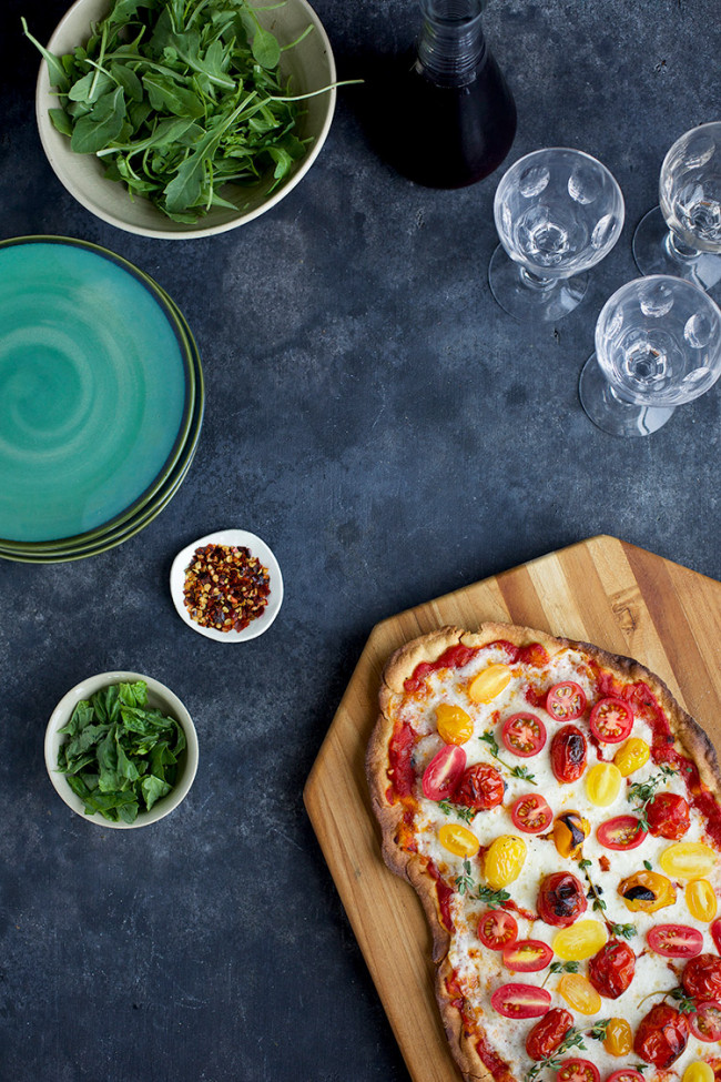 Roasted Tomato Pizza with a thin Olive Oil Cracker Crust