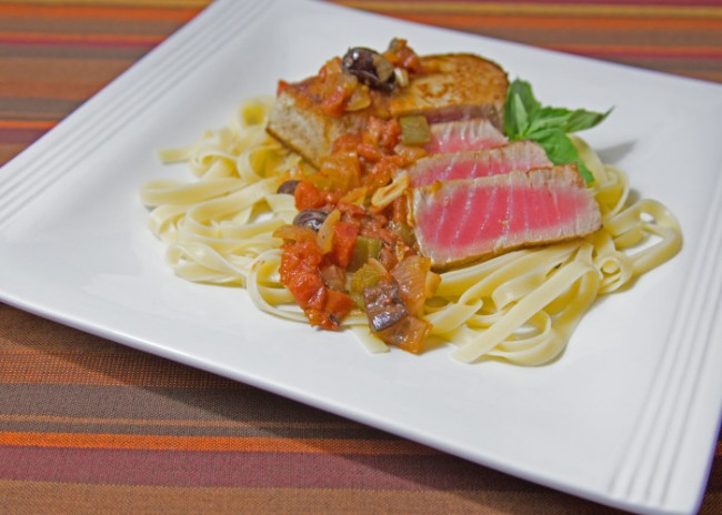 Ahi Tuna Over Pasta with Olive Basil and Tomato Sauce