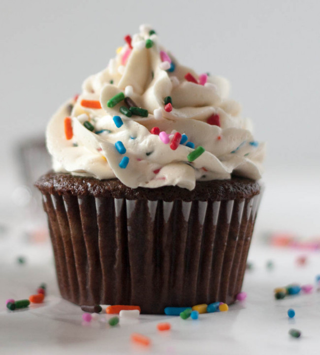 Chocolate Cupcakes with Cake Batter Frosting