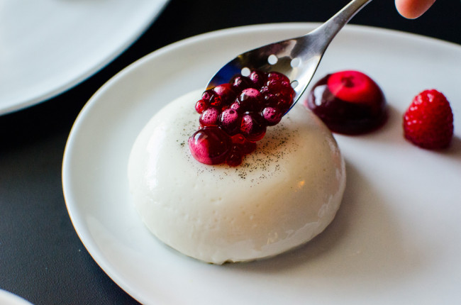 White Chocolate And Coconut Panna Cotta With Hibiscus Syrup Pearls