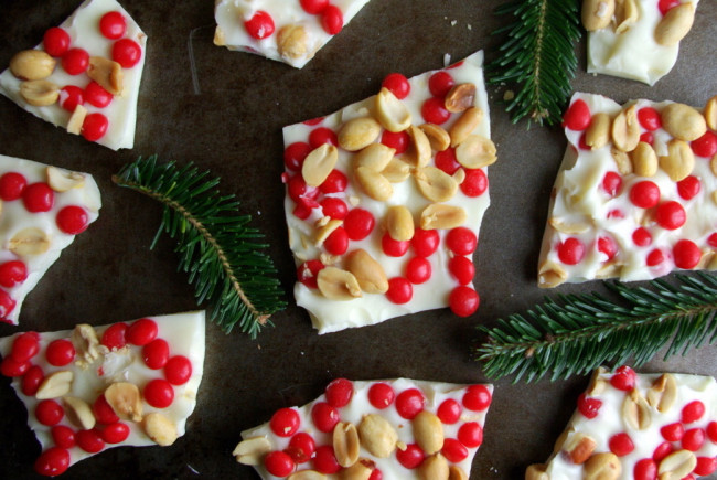 White Chocolate Bark with Peanuts and Cinnamon Red Hots