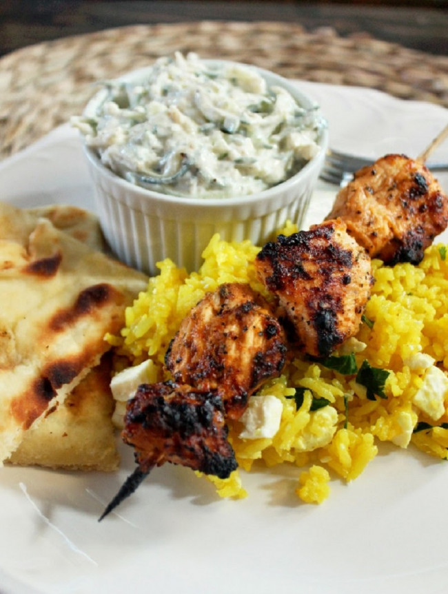 Chicken Kabobs Greek Style with Feta Rice and Tzatziki