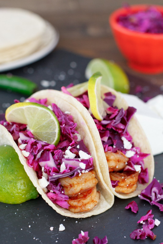 Spicy shrimp tacos with cabbage slaw