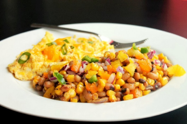 Black Eyed Peas Hash with Sauteed Corn Peppers and Scrambled Eggs