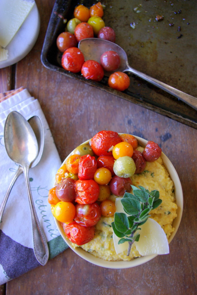 herbed parmesan polenta with roasted heirloom tomatoes
