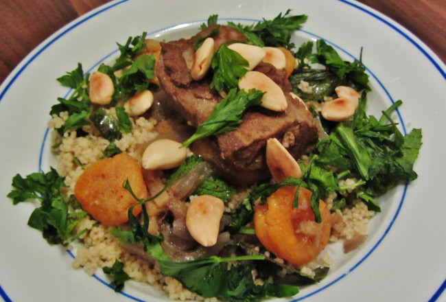 slow cooked lamb with apricot and almonds