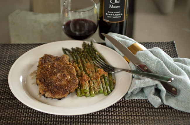 Spicy Almond Crusted Pork Chops with Roast Asparagus