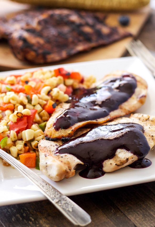 GRILLED CHICKEN WITH BLUEBERRY BARBECUE SAUCE AND CORN SALSA