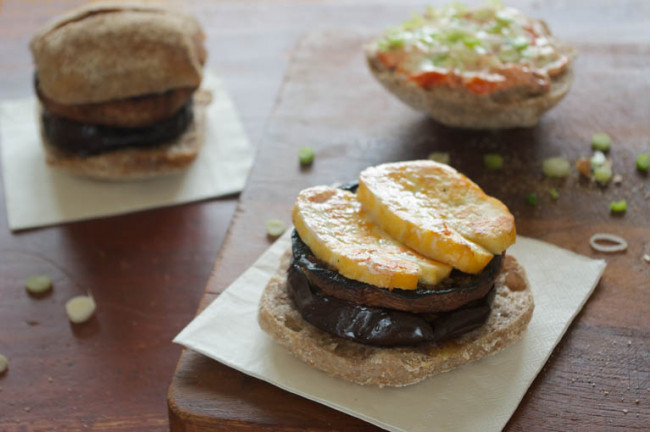 Marinated Portobello Mushroom and Aubergine Burgers with Smoked Halloumi