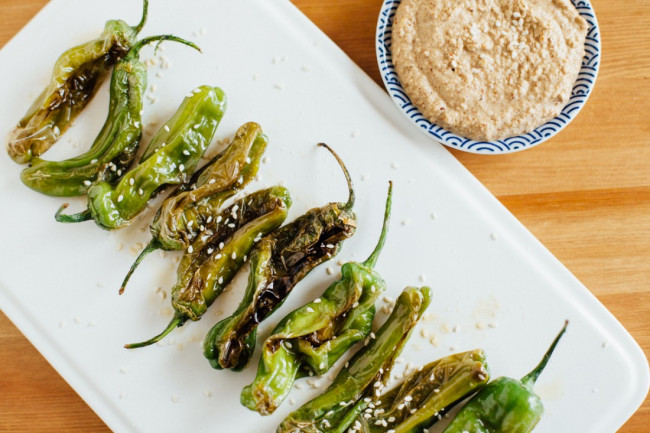 BLISTERED SHISHITO PEPPERS WITH ALMOND SOY DIPPING SAUCE
