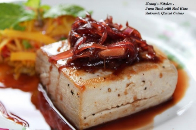 Tuna Steak with Red Wine Balsamic Glazed Onions
