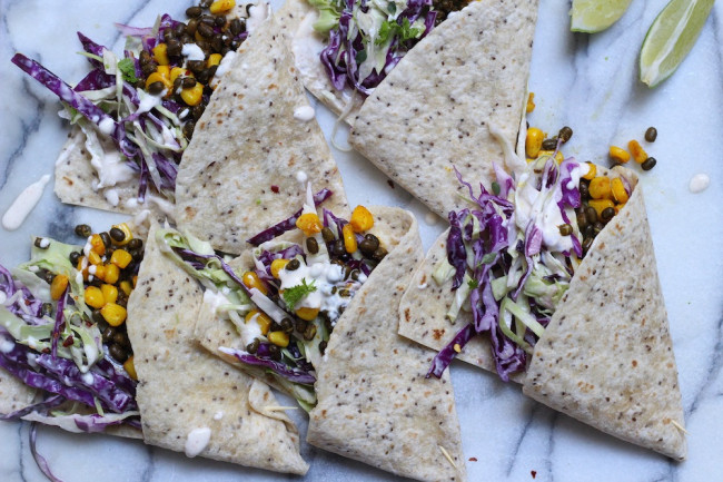 Lentil corn tacos with slaw and chili lime yoghurt