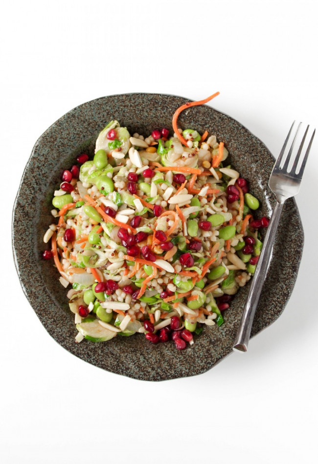 Ancient Grain and Brussel Sprout Salad with Pomegranate Molasses Mustard Dressing
