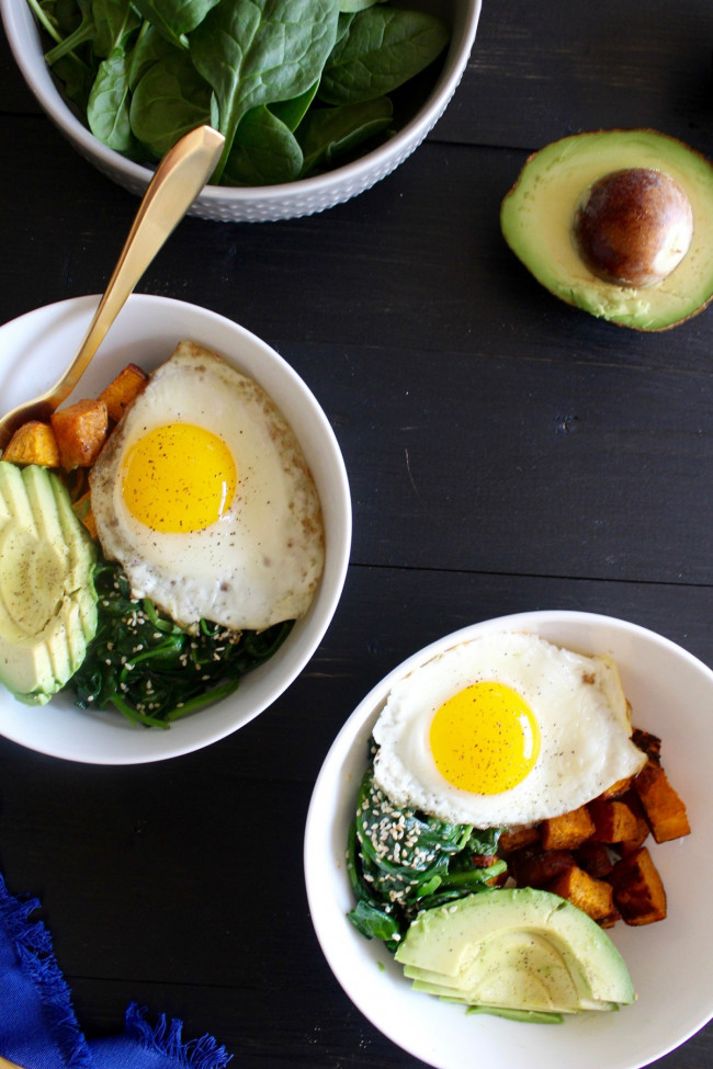Breakfast Bowl With Sweet Potatoes, Avocado, & Toasted Sesame Spinach