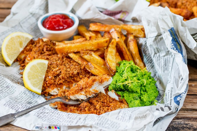 Baked Fish And Chips With Lemon Smashed Peas