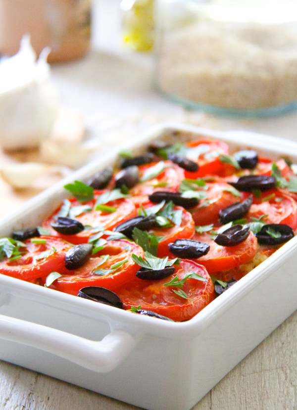 Brown Rice and Summer Vegetable Casserole with Feta and Black Olives