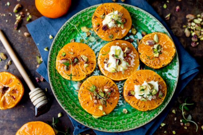 Brown Sugar Glazed Clementines With Cream Cheese, Honey And Pistachios