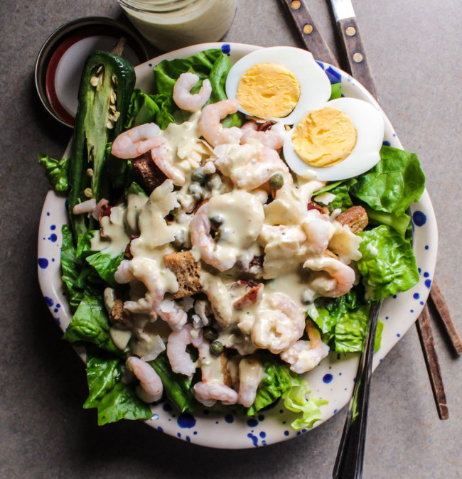 Spicy Caesar Salad with Shrimp and Eggs