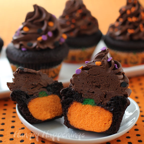 The ultimate chocolate cupcake stuffed with a CHEESECAKE pumpkin.